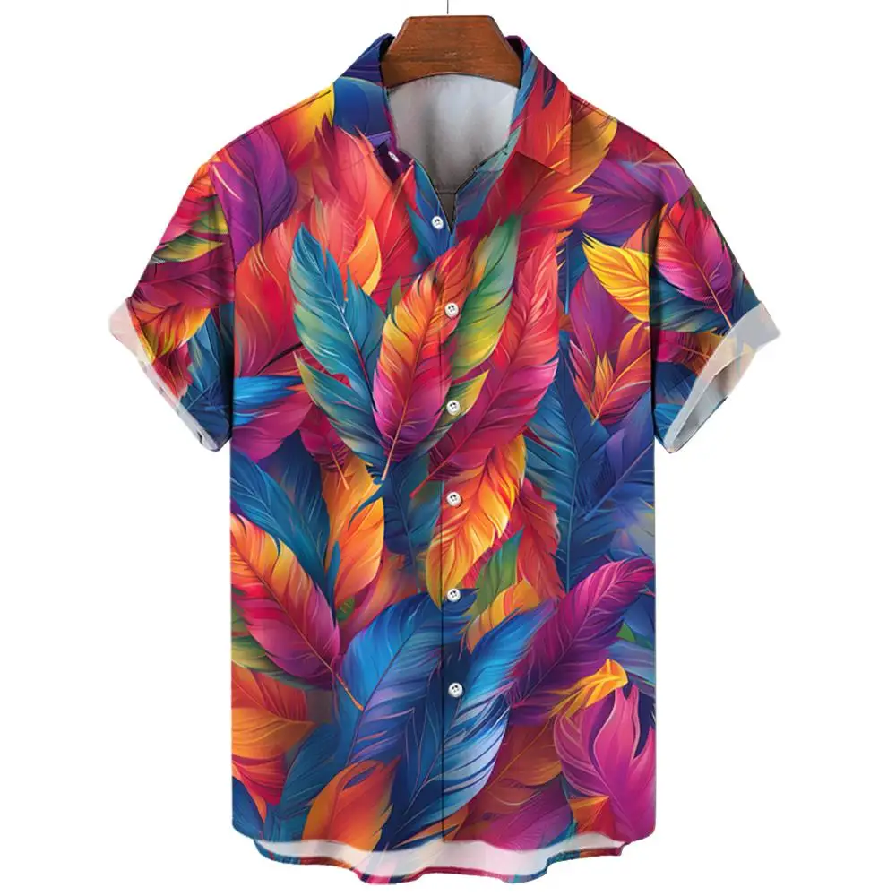 Summer Hawaiian Shirts Casual Men's Shirts Feather Print Shirts for Men Lapel Short Sleeve Men's Clothing Loose Aloha shirts 4