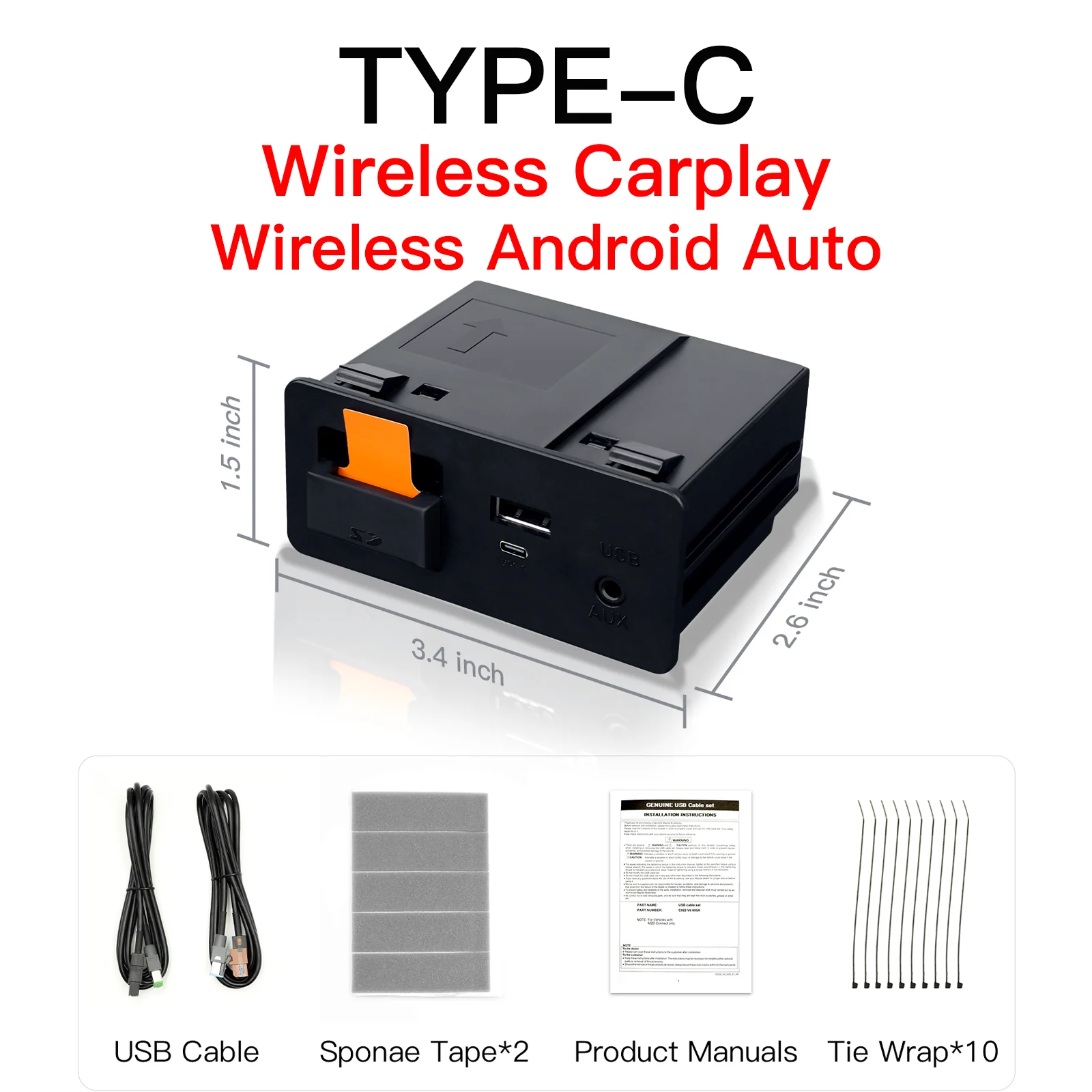 Type-C Wired Wireless CarPlay Android Auto USB Adapter for Mazda 2