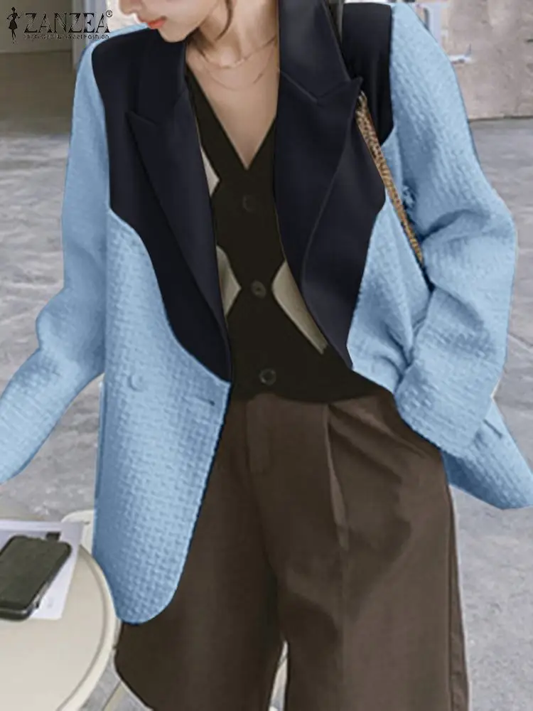 

ZANZEA 2023 Colorblock Thin Coats Autumn Blazer Women Lapel Collar Vintage Textured Fabric Patchwork Outwear Long Sleeve Jackets