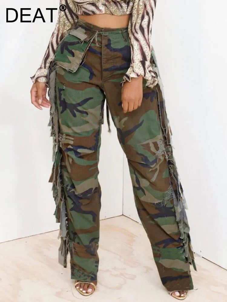

Trend Side Tassel Patchwork Designer Camouflage Trousers Women's High Waist Streetwear Cargo Pants 2023 Summer 11XX3273