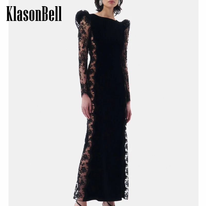 

11.28 KlasonBell Temperament Sexy Backless Lace Puff Sleeve Spliced Velvet Slim Maxi Dress Women's