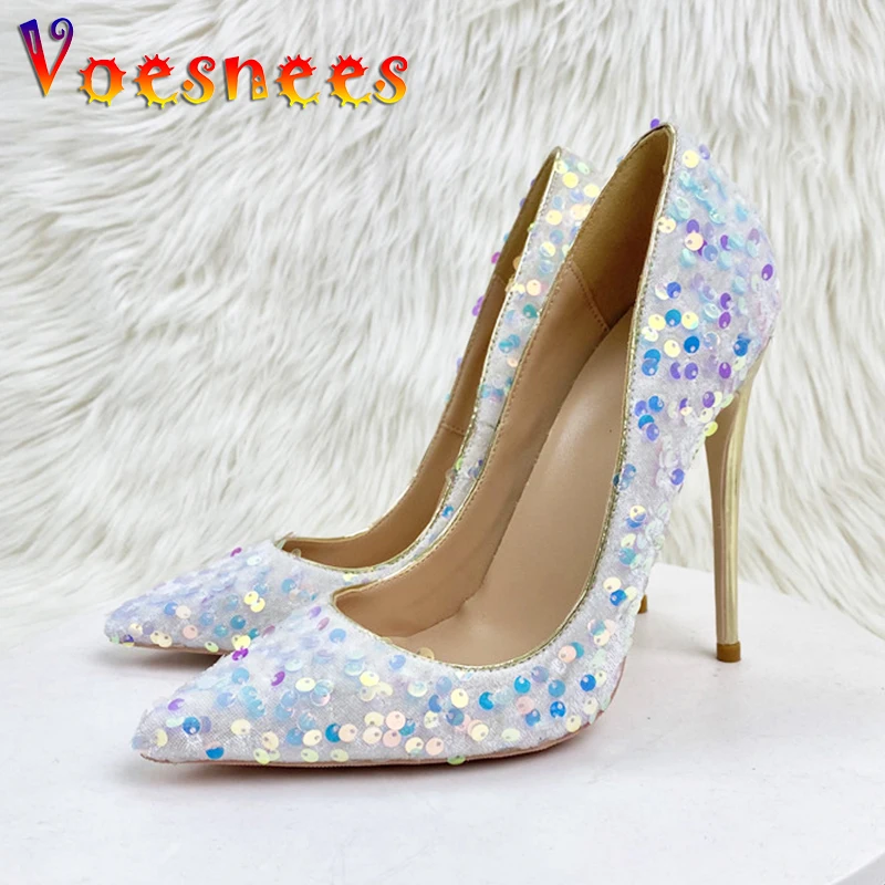 

Mermaid Dress Shoes Shiny Sequin Fashion Women's Party Pumps 2024 New Wedding Bride High Heels White 12CM Pointed Toe Stilettos