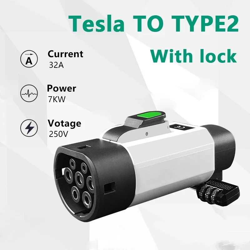 EV Charging Adapter 32A Tesla To Type2 EV Adaptor 240V EVSE Connector IEC 62196-2 Electric Vehicle Charger Adapter