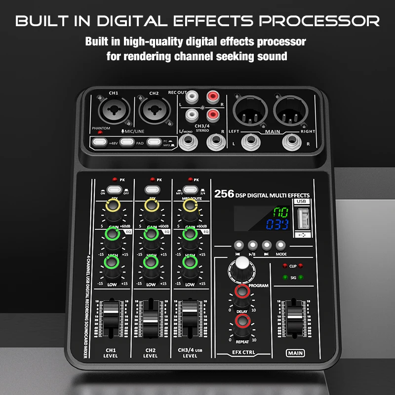 Audio Mixer 4 Channel Audio Mixer 48V Phantom Power USB Studio Sound Mixers Bluetooth DJ Console Mixing for Karaok