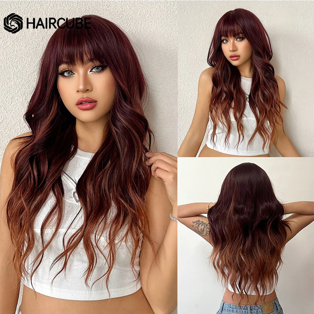 HAIRCUBE Long Reddish Brown Omber Synthetic Wigs for Women Long Wavy Wigs with Bangs Christmas Cosplay Heat Resistant Fiber