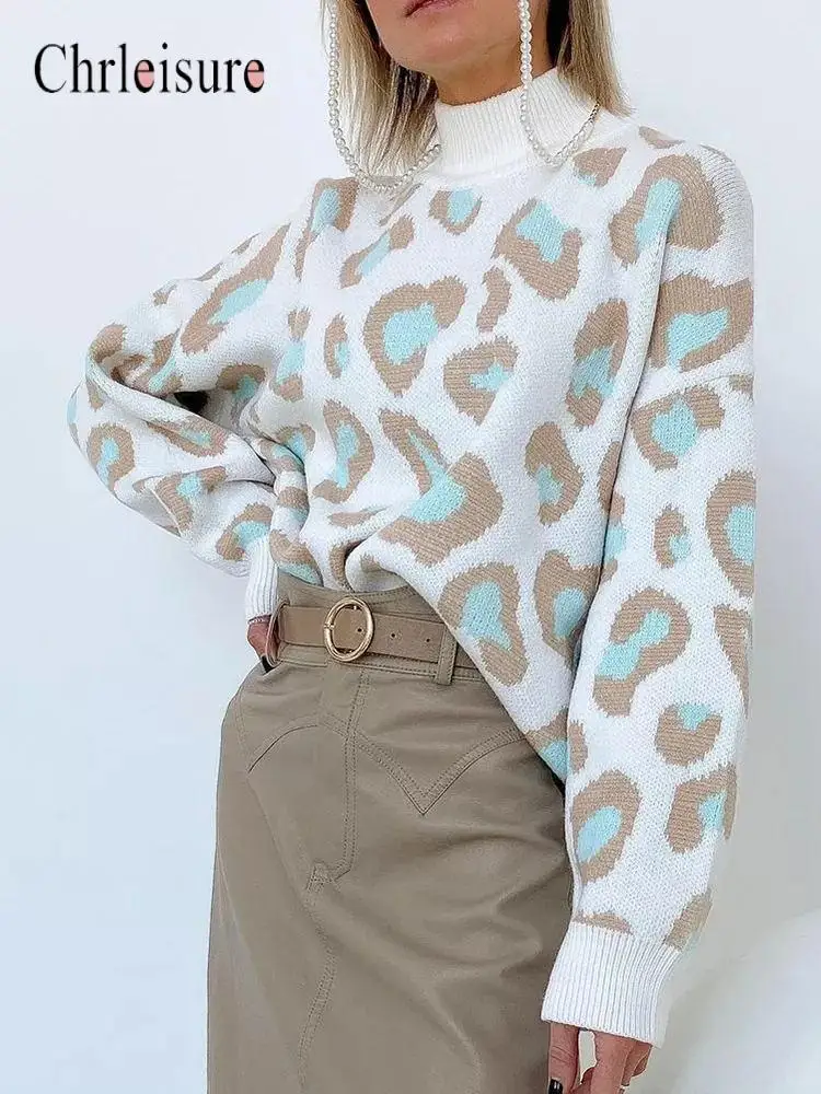 

CHRLEISURE Warm Sweater Women Leopard Spots Winter Warm Sweaters for Woman Loose Half High Neck Temperament Long Sleeves Female