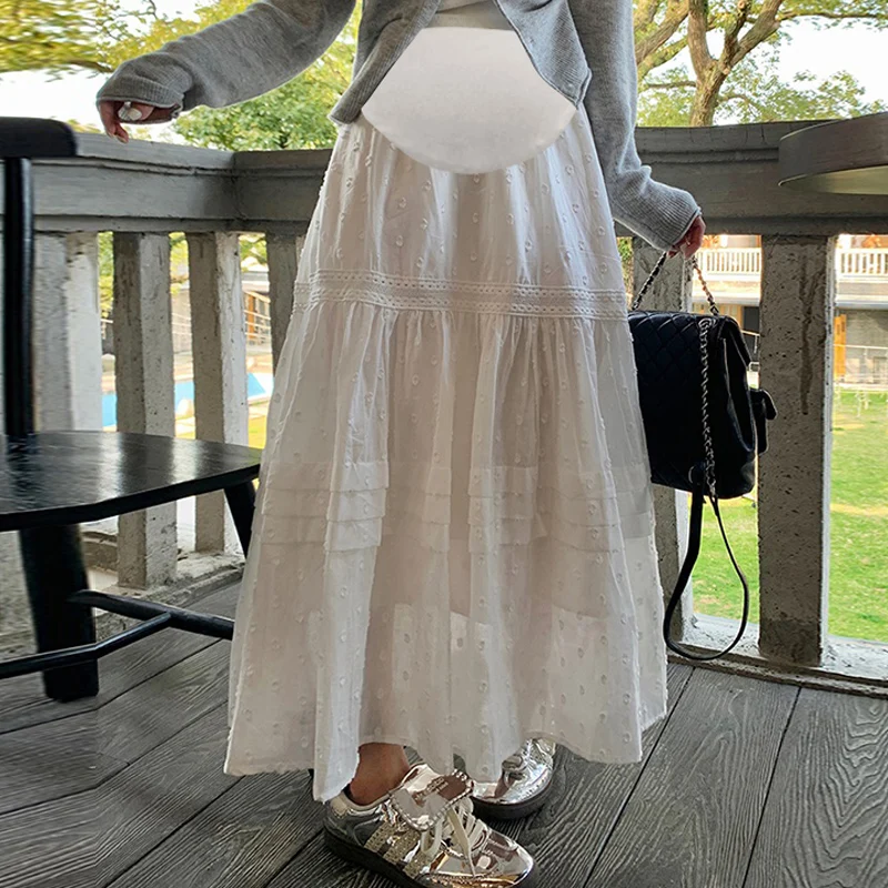 Korean Style Maternity White Skirts Hollow Out Lace Patchwork High Waist Pregnant Woman Ball Gown Cake Skirts Pregnancy Skirt