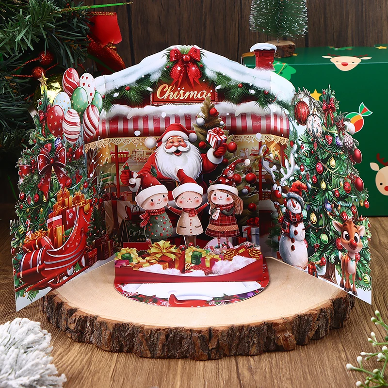 1PC 3D Christmas Card Featuring Snowy Winter House&Santa Claus Design with Envelope Festive Greeting Card for Family And Friends