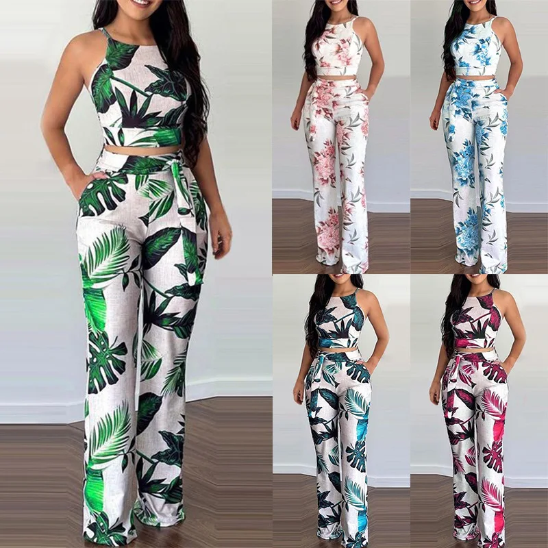 2024 Women Casual Summer Two Piece Set Beach Outfits Tropical Leaf Print Crop Top & Wide Leg Floral Print Pants Set