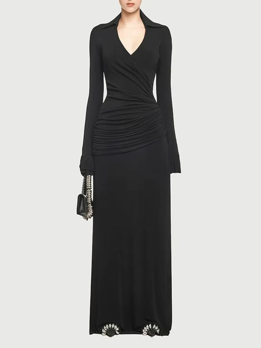 TWOTWINSTYLE Solid Minimalist Elegant Dresses For Women V Neck Long Sleeve  High Wiast Temperament Long Dress Femlae Fashion New - AliExpress 200000345