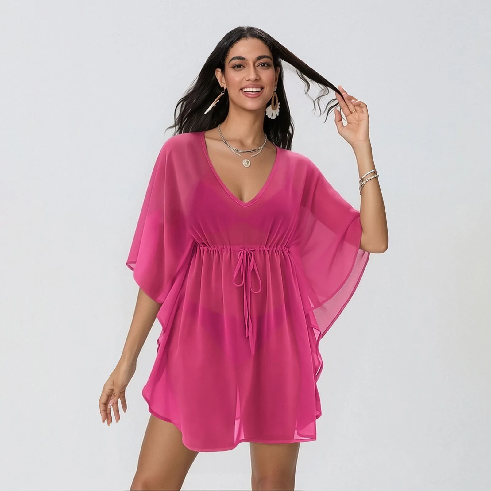 Women Bathing Suit Bikini Coverup Summer Sheer Swimsuit Cover Ups Loose Tie Waist Flowy Dress Bikini Dress Shirt Seaside 3