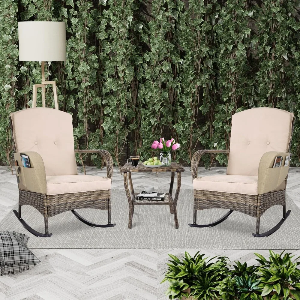 3-Piece Outdoor Furniture Set, Patio Conversation Chair, Wicker Cushioned Patio Rocker with Side Table for Porch, Garden, Poolsi 3