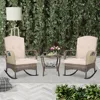 3-Piece Outdoor Furniture Set, Patio Conversation Chair, Wicker Cushioned Patio Rocker with Side Table for Porch, Garden, Poolsi 3