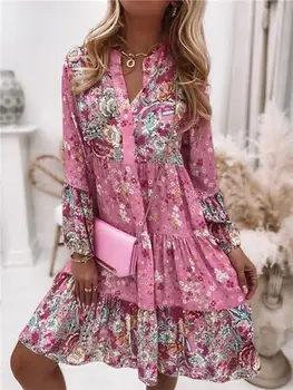 Casual Floral Print Dresses For Women 2024 Sping Summer Boho V Neck Loose A Line Dress Elegant Beach Party Dress Robe Femme 1