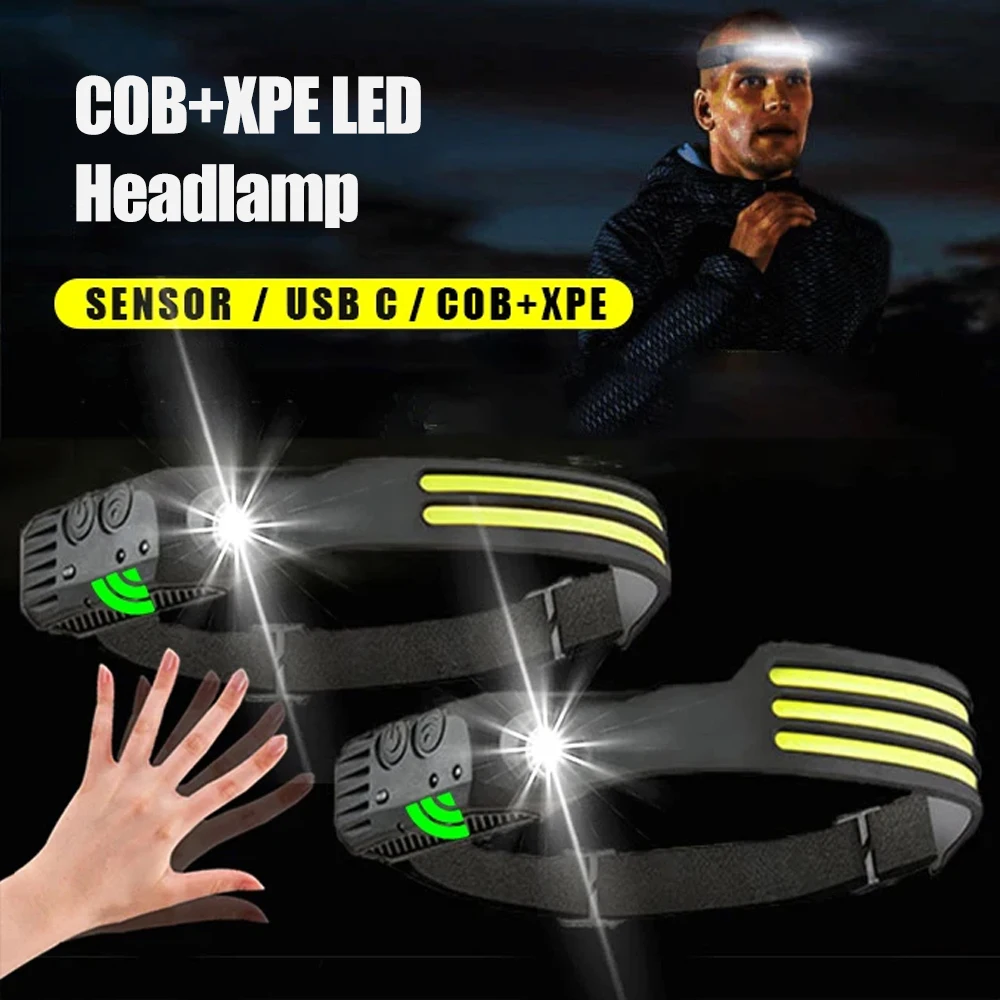 COB LED Sensor Headlamp 5 Lighting Modes USB Rechargeable Built In Battery Head Torch Outdoor Camping Fishing Searching Headligh