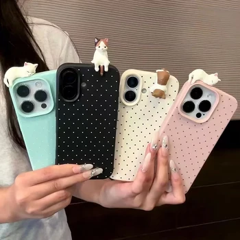 Korea Lovely Polka Dot Pattern Soft Phone Case For iPhone 17 16 15 14 13 12 Pro Max Plus X Cute 3D Cartoon Cat Shockproof Cover 1