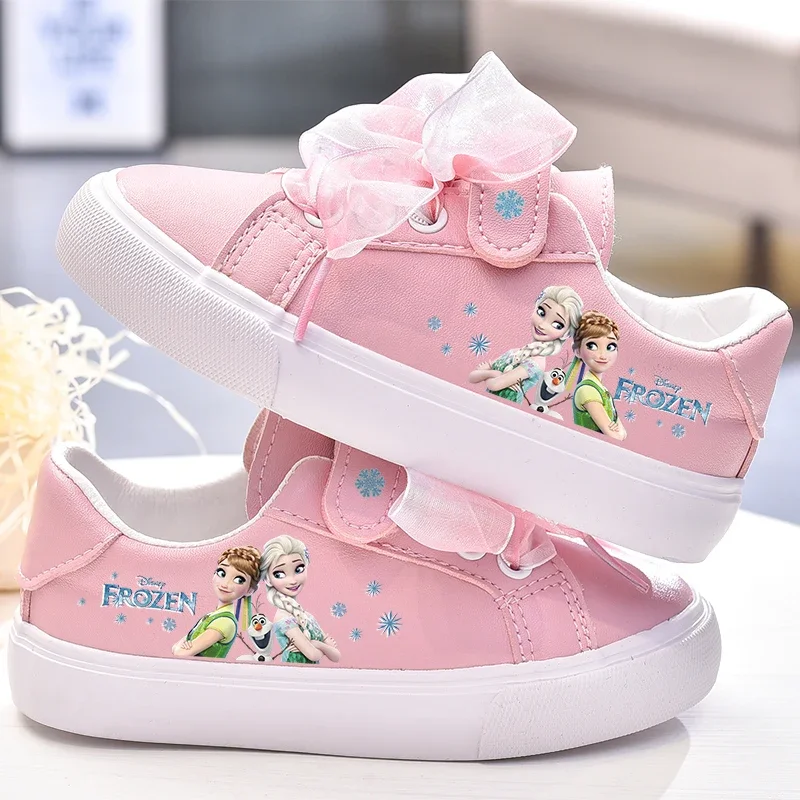 Disney girls frozen princess white Bow pu shoes non-slip soft bottom sports casual shoes for girl gift