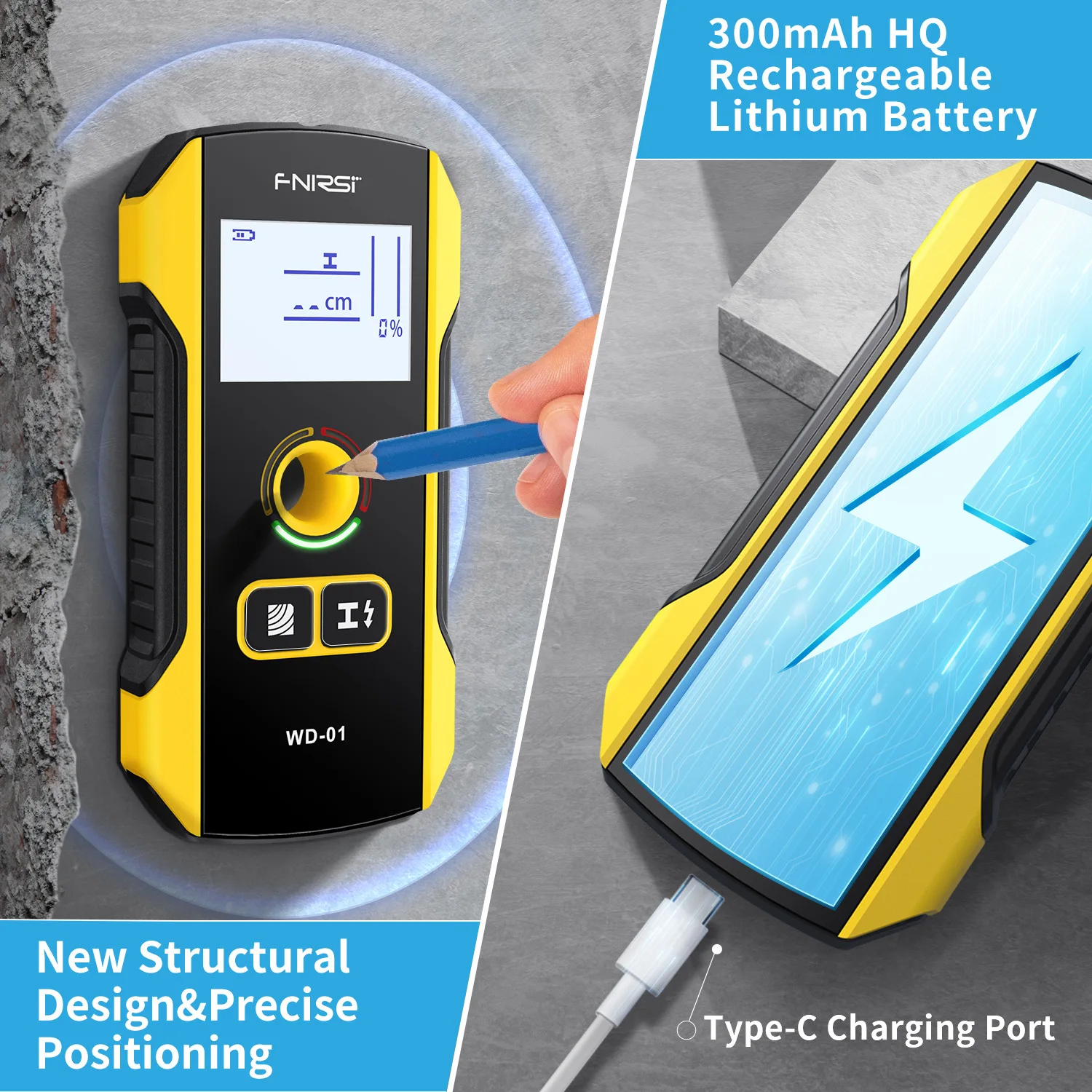 FNIRSI WD-01 WD-02 Metal Detector Wall Scanner with Newly Designed Positioning Hole for AC Live Cable Wires Metal Wood Stud Find 4