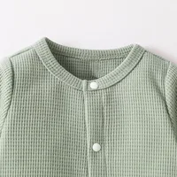Baby Newborn Boys Spring/Autumn Long Sleeve With Button Green Solid Waffle Casual Jumpsuit 3