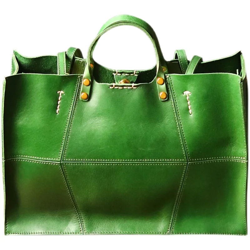 Large Cowhide Leather Briefcase Bag – Street Trend Tote with Flap & Contrast Stitching main image 0