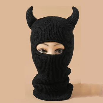 1pc Monster Ears Ski Mask Balaclava Solid Color Beanie Y2K Knit Hat Elastic Skull Hat Warm Outdoor Cycling Windproof Knitted