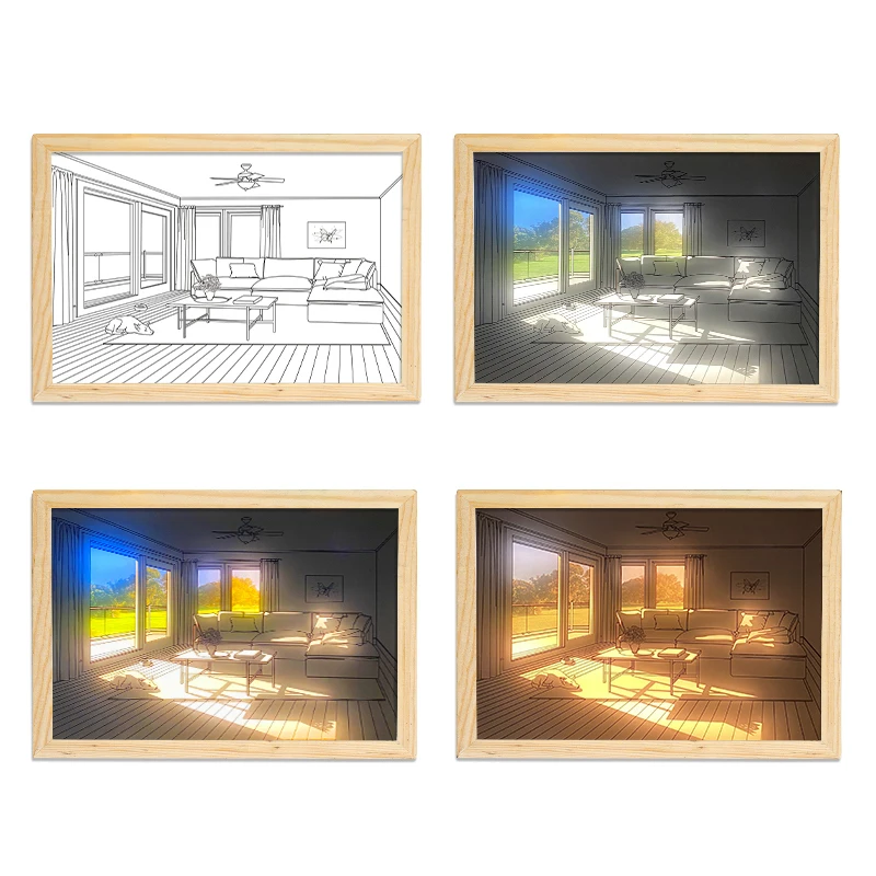 2023 INS Led Night Light Painting USB Plug Dimming Wall Artwork Table Lamp Gift Sunlight Window Wooden Photo Night Lamp Luminous