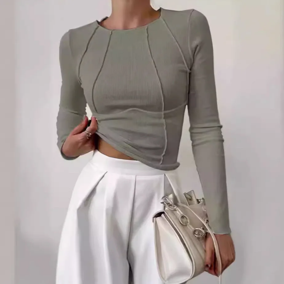 Pink Striped Long Sleeve Slim Fit Cropped T Shirt For Women