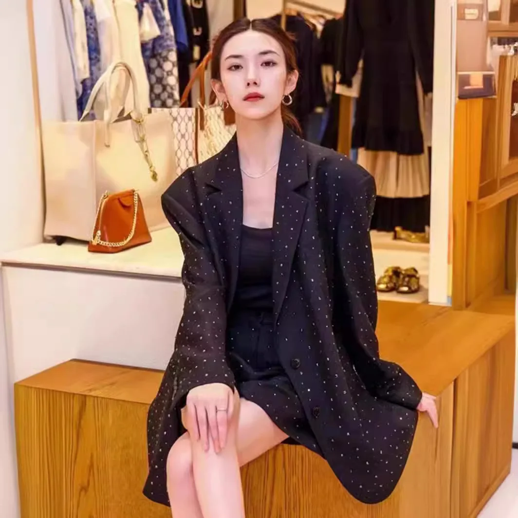 

Women's Set 2024 Autumn Winter New Hot Diamond Suit Collar Loose Commuter Long sleeved Suit Coat+Shorts