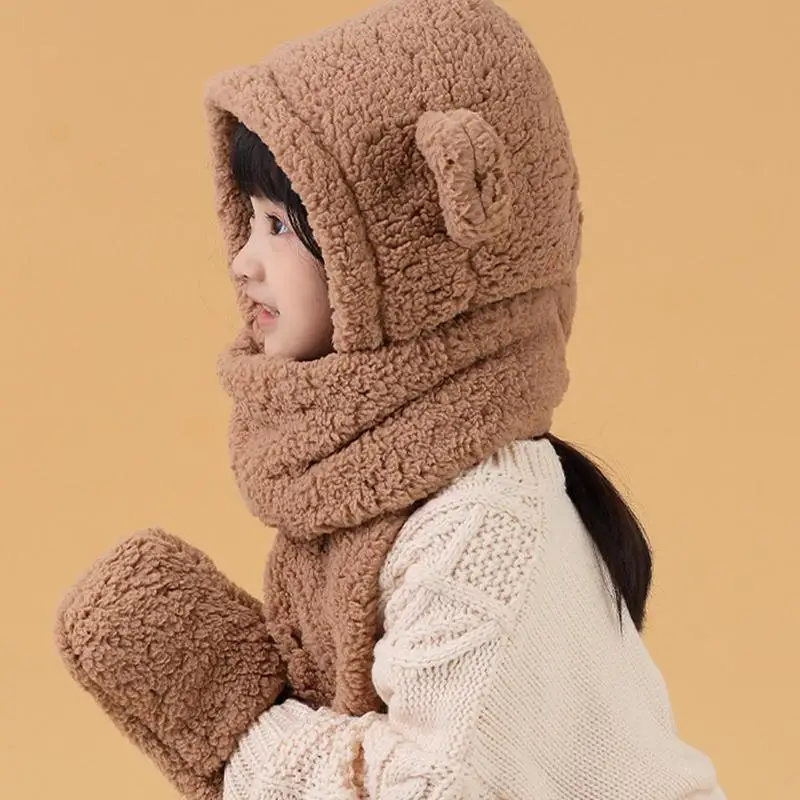 Winter Cartoon Child Hat Scarf Bear Ear Hat Scarf Gloves Set 3 in 1 Keep Warm Casual Plush Hats Thicken Neck