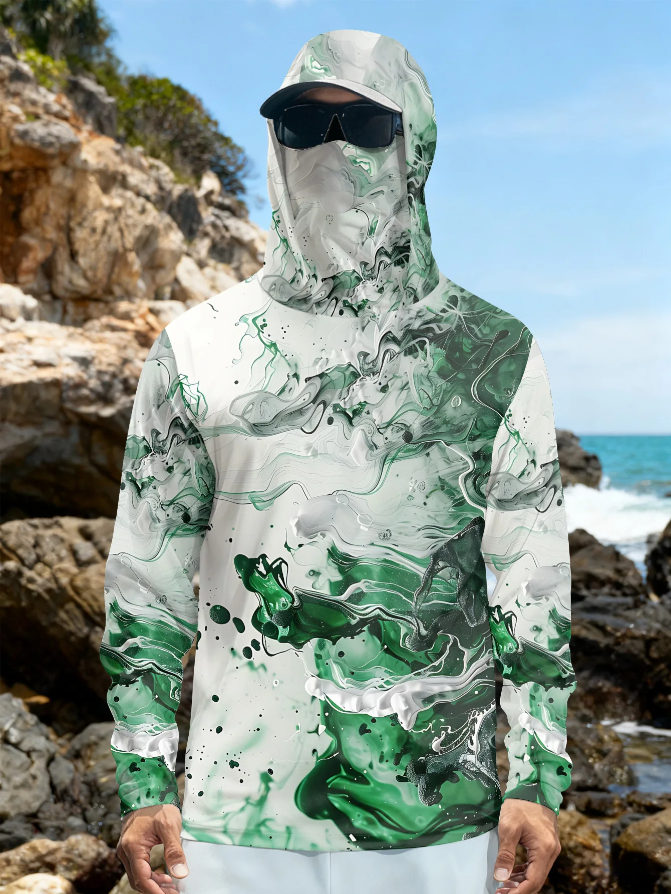 Men Hooded Fishing Shirt With Face Cover Green Fluid Marble Print UPF50+ Sun Protection Quick‑Dry Outdoor Beach Sports Tops