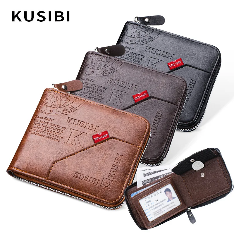 High Quality PU Leather Men Zipper Wallets Short Card Holder Multifunctional Coin Purse Photo Holder Men's Business Card Purses