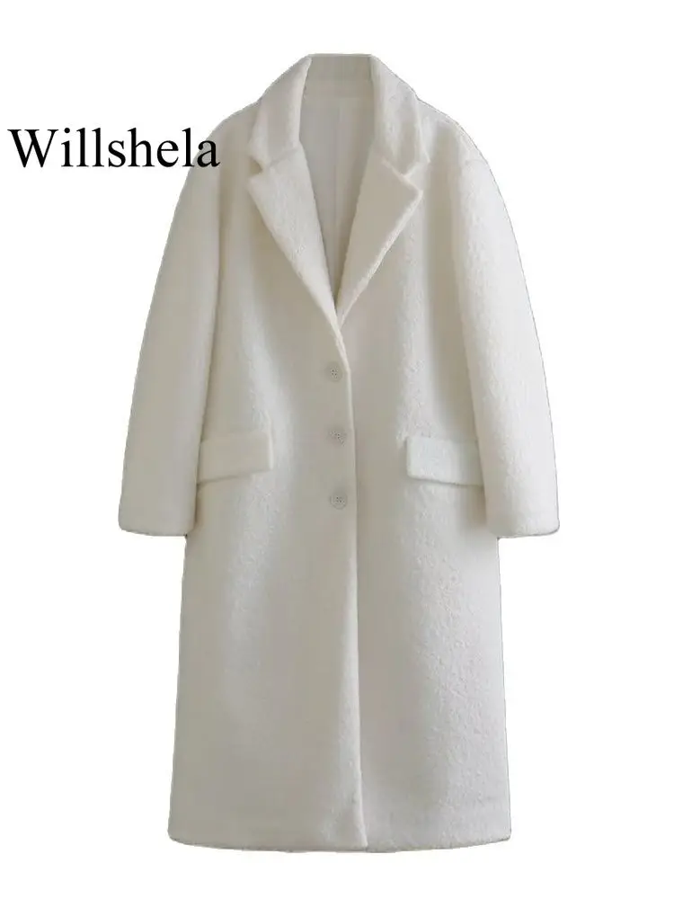 

Willshela Women Fashion Wool White Single Breasted Long Coats Vintage Lapel Neck Full Sleeves Female Chic Lady Outwear