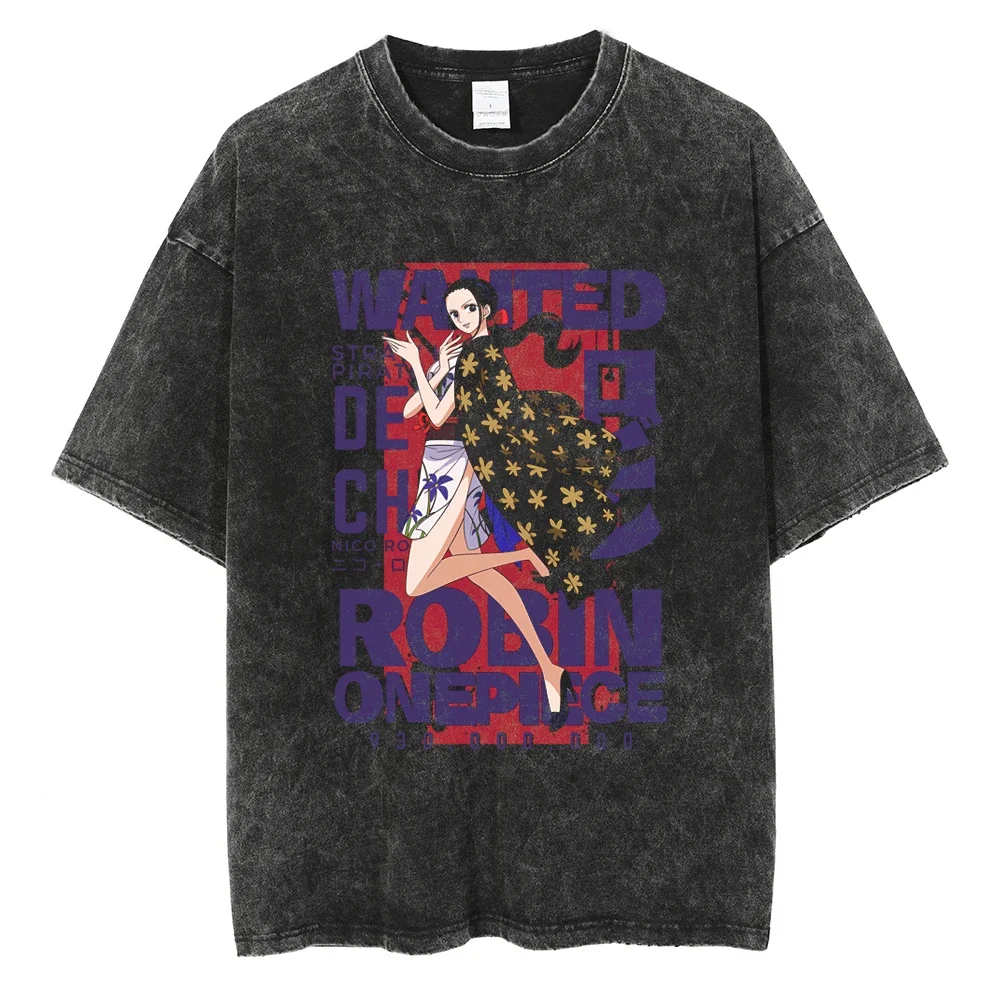 

Men Streetwear Black Washed T-Shirt ONE PIECE Anime Graphic Print Tshirt Summer Short Sleeve Tshirt Hip Hop Harajuku Cotton Tops