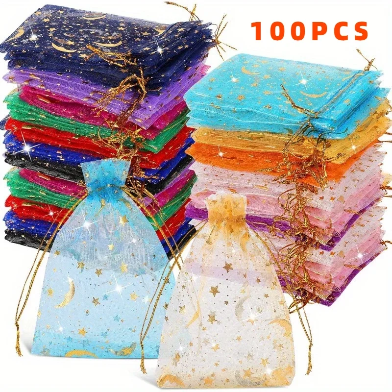 100 Stück Organzabeutel mit Mond und Sternen, Kordelzug, Schmuck, Geschenktüten, Beutel, goldene Stern-Organza-Geschenkbeutel für Weihnachten, Hochzeit