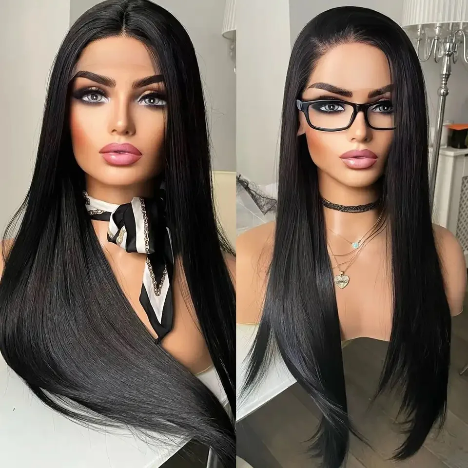 

Черный синтетический передний парик на сетке, прямые волосы из термостойкого волокна, бесклеевые кружевные парики для женщин, стандартные парики на сетке