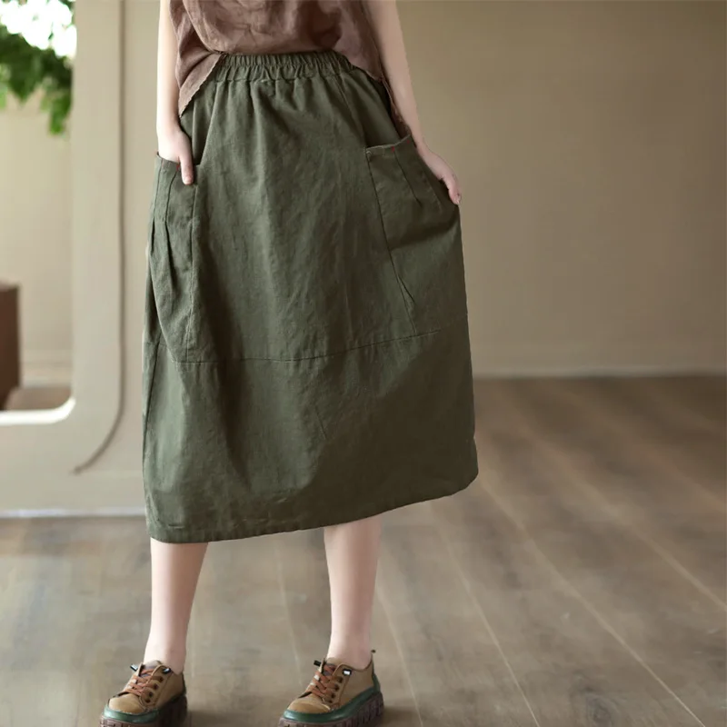 

NINI WONDERLAND 2024 Summer Cotton Linen A-line Skirt Women Elastic Waist Splicing Loose Skirt Pockets Mori Girls Style Skirts