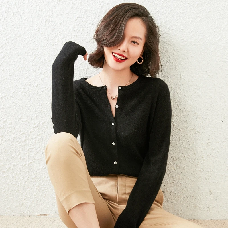 

Spring and Autumn New Women's Round Neck Cashmere Cardigan Thin Slim Knitted Shirt Top Short Versatile Sweater Coat