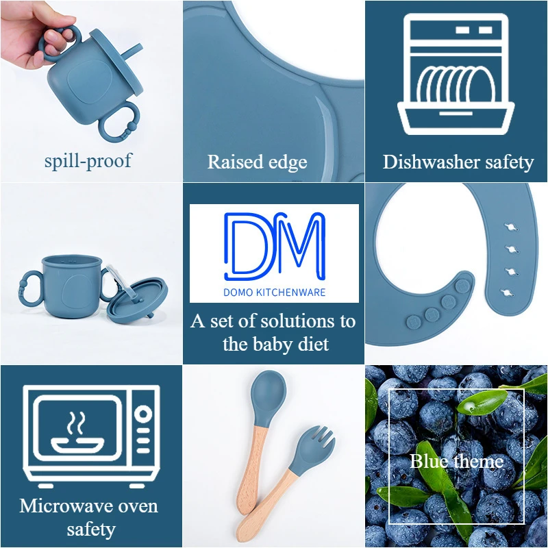 Zackoo 6PCS Silicone Children Tableware Sucker Bowl Dishes Kids Waterproof Bib Children's Tableware Straw Cup Baby Feeding Set