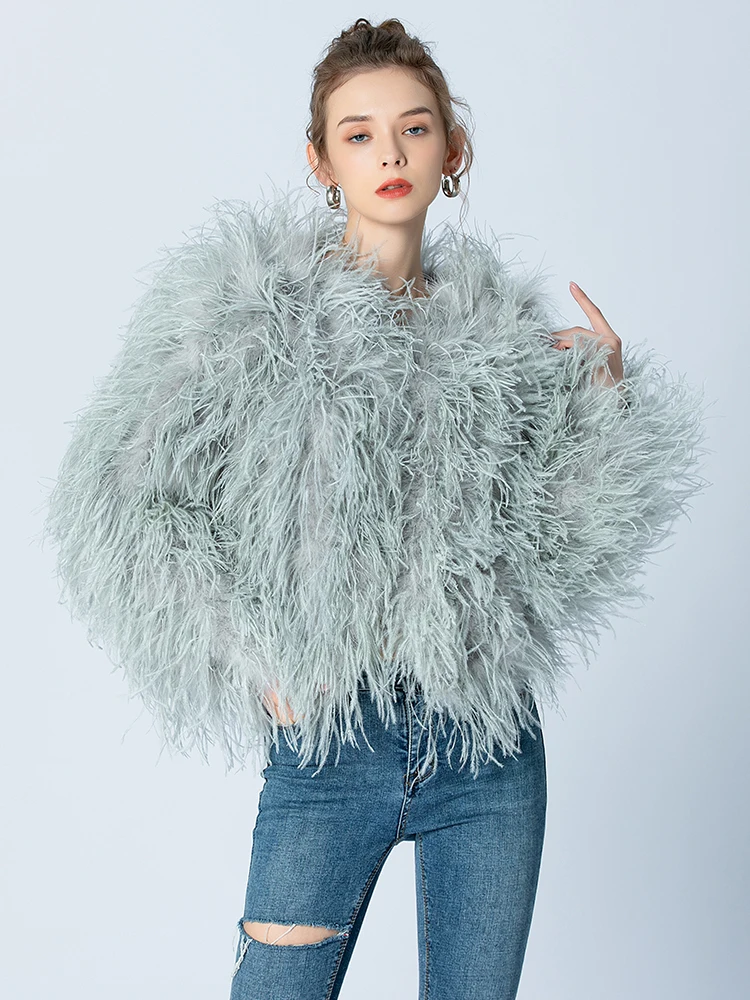 Female Real Fur Ostrich Feather Coats Long Sleeve Fur Jacket