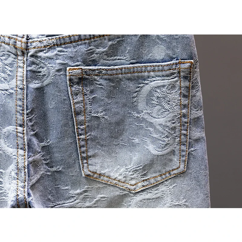 2024 Summer New Personality Dragon Print Stylish Straight Blue Denim Shorts Male Street Style Men's Straight Denim Shorts 4