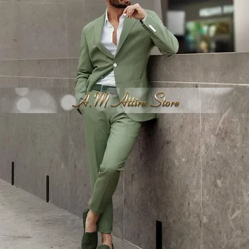 Abiti da uomo in lino verde salvia 2 pezzi Slim fit con risvolto a punta Blazer Pantaloni Set per matrimonio Sposo Banchetto Summer Beach Party Dress 1