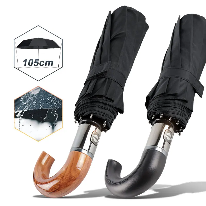 British Leather Handle Umbrella Men Automatic 10Ribs 3 Folding Windproof Umbrella Rain Woman Parasol