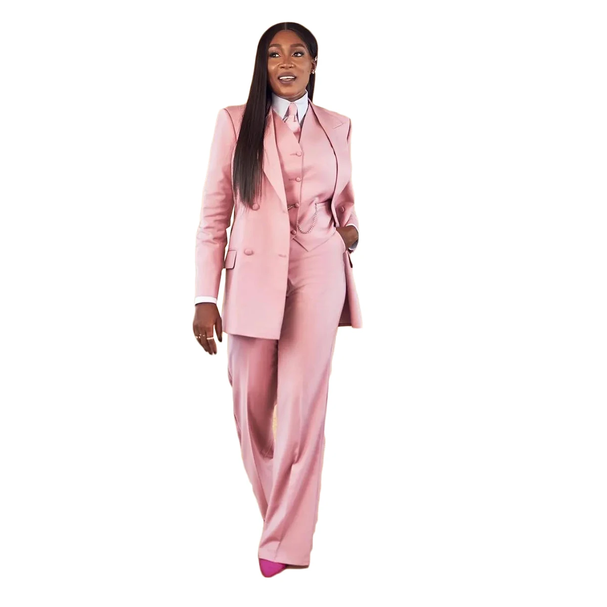Women Party Dresses Classic Pink Women 3 Pieces Vest Jacket Pants Casual Plus Size Peaked Lapel Pocket Blazer Fashion Elegant Africa Daily Dresses