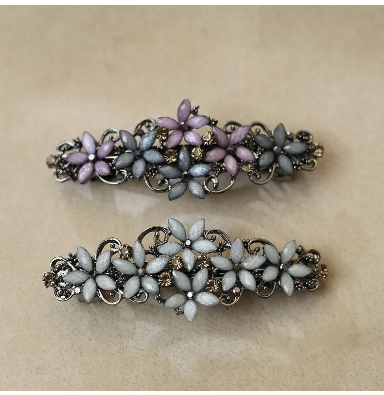 Elegant Floral Hair Clip Alloy Spring Clasp with Rhinestones Minimalist Ponytail Holder for Back Head Women Hairpin