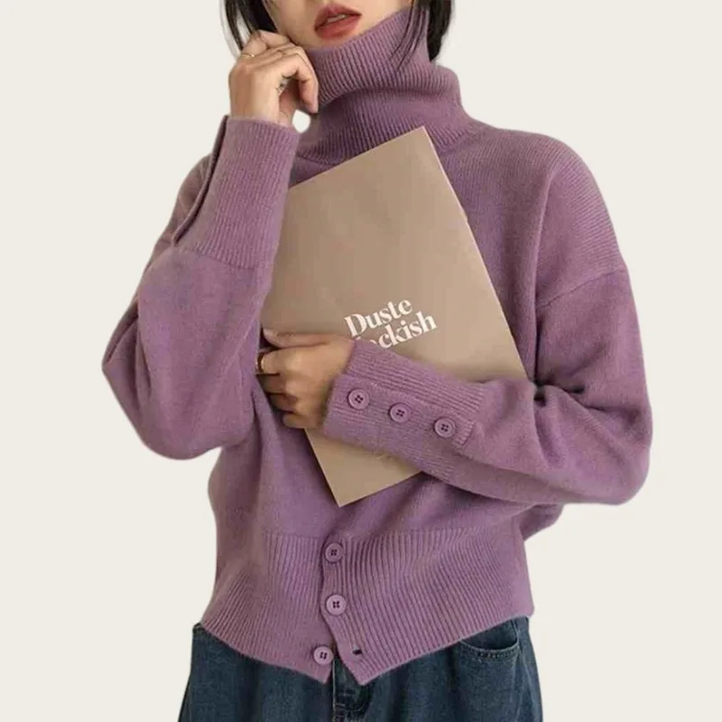New Elegant Turtleneck Pullover Sweater for Women Autumn Winter Fashion Hem Button Solid Sweater Casual Long Sleeve Knitwear