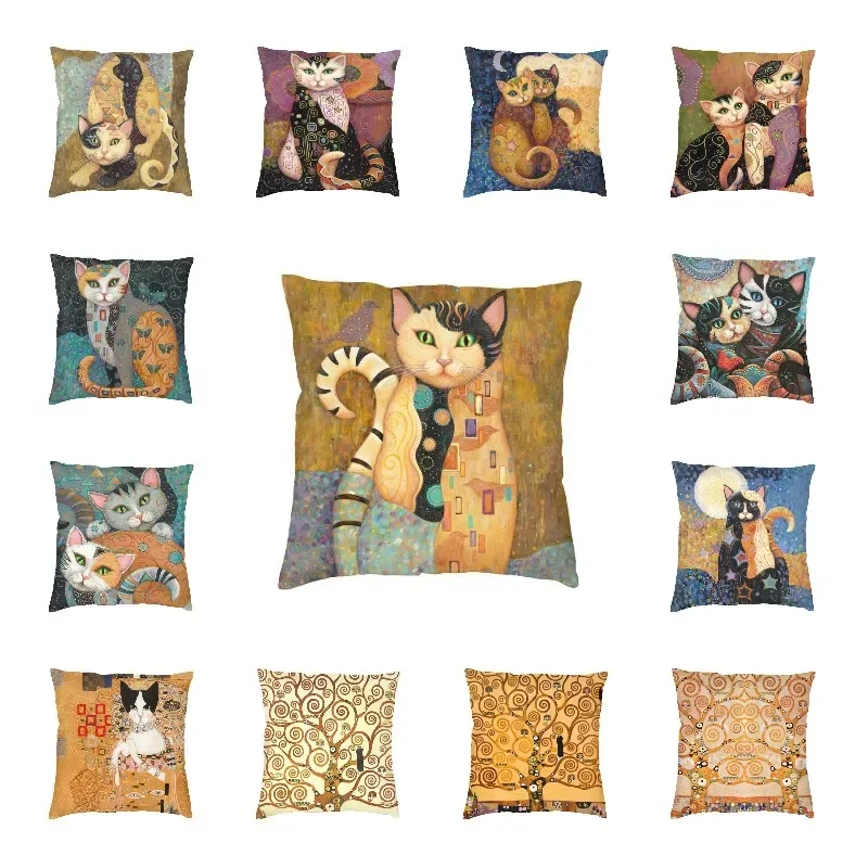 

Vintage Cat Oil Painting Pillow Case 40x40cm Home Decorative Nordic Inspired By Gustav Klimt Chair Cushion Square Pillowcase