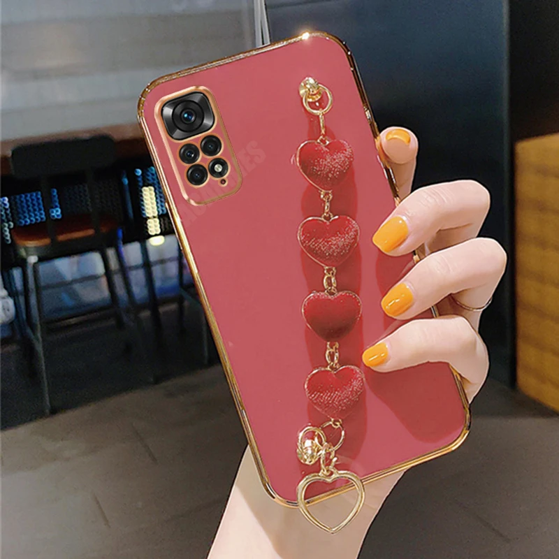 Funda de cadena con pulsera de corazón de amor chapada a la moda para  Xiaomi Redmi Note 11 12 11S 10 10S 10C 10A 9S 9T 9C 12T, funda a prueba de