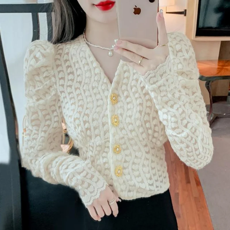 French V-neck Women Lace Shirt Korean Clothing Fashion Office Lady Crochet White Bottoming Solid Long Sleeve Chic Thicken Blouse