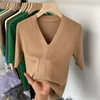 Women Sweater Short Sleeve V-neck Stripe Knitwears Slim Fit Shirt Korean Fashion Pullovers Thin Knit Tops 2024 Bottoming Shirts 1