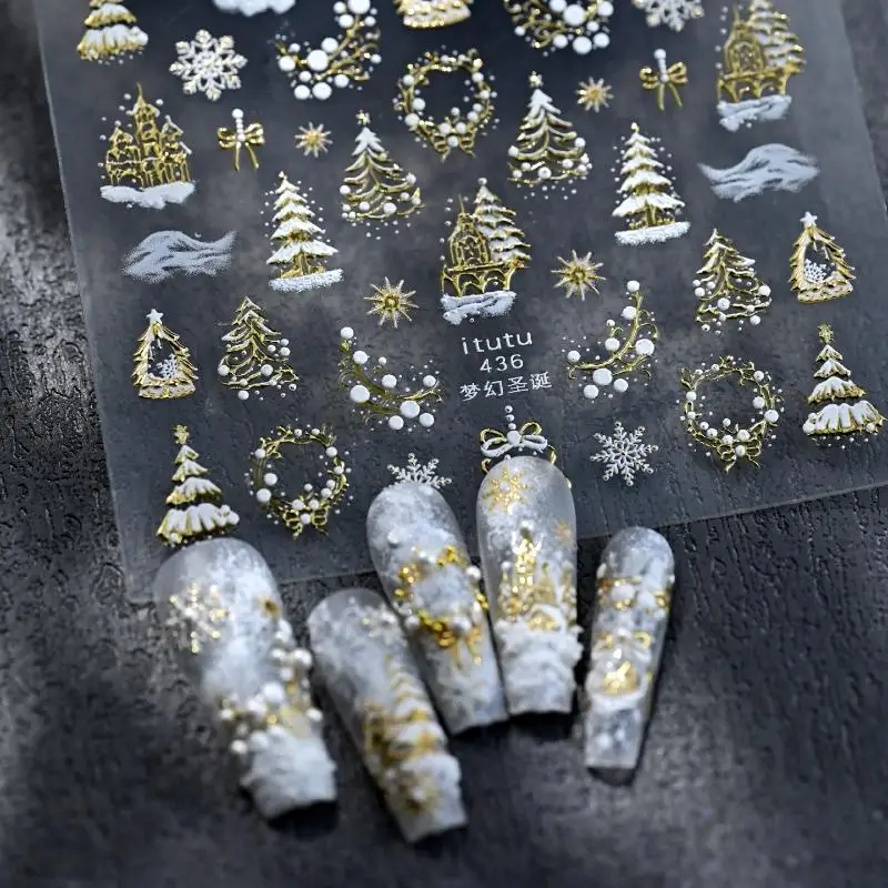 Christmas Embossed Nails Art Stickers Dreamy Castle Christmas Tree Snowflake Self-Adhesive Manicure Decals Nail Decoration